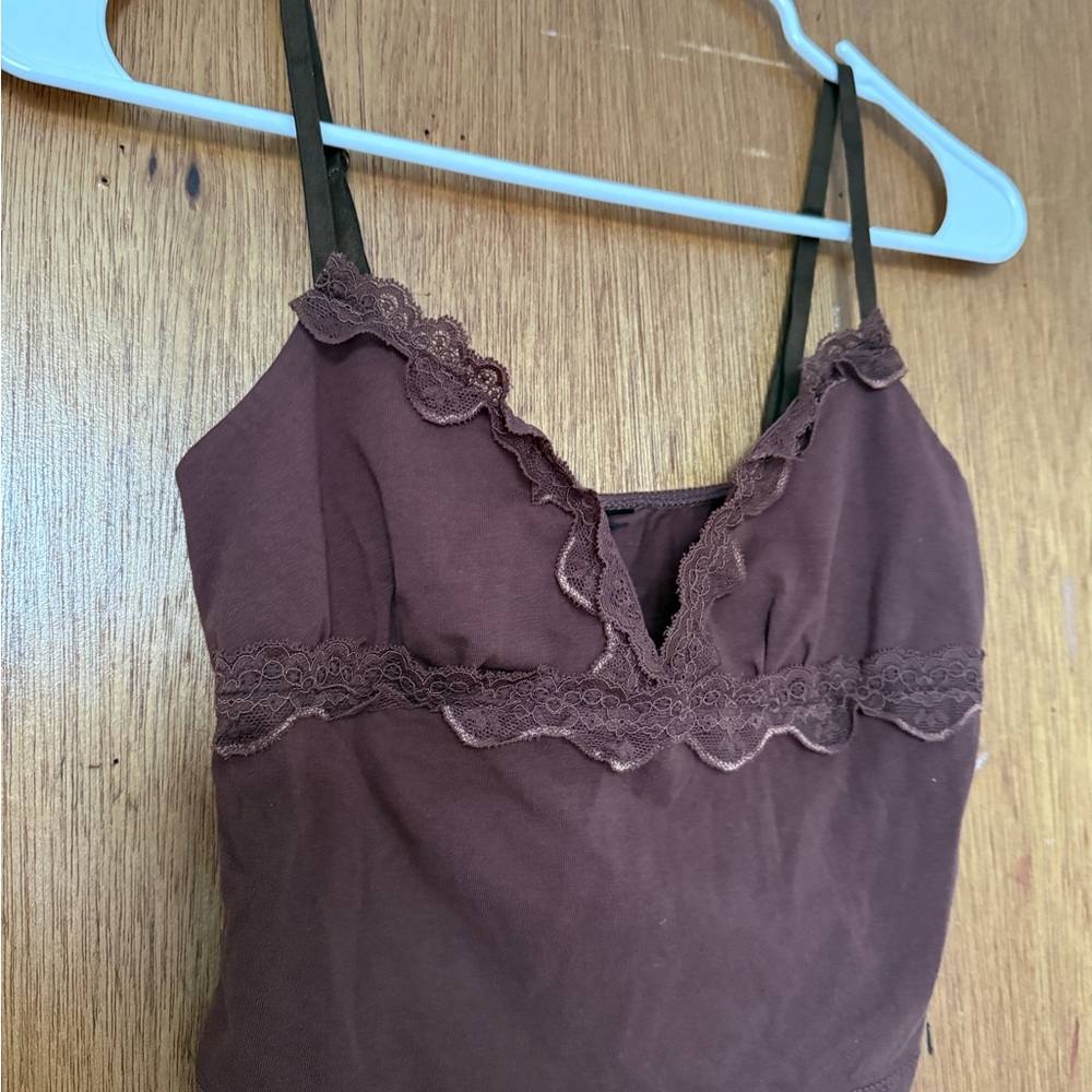 Brown Lace Trim Cami Top